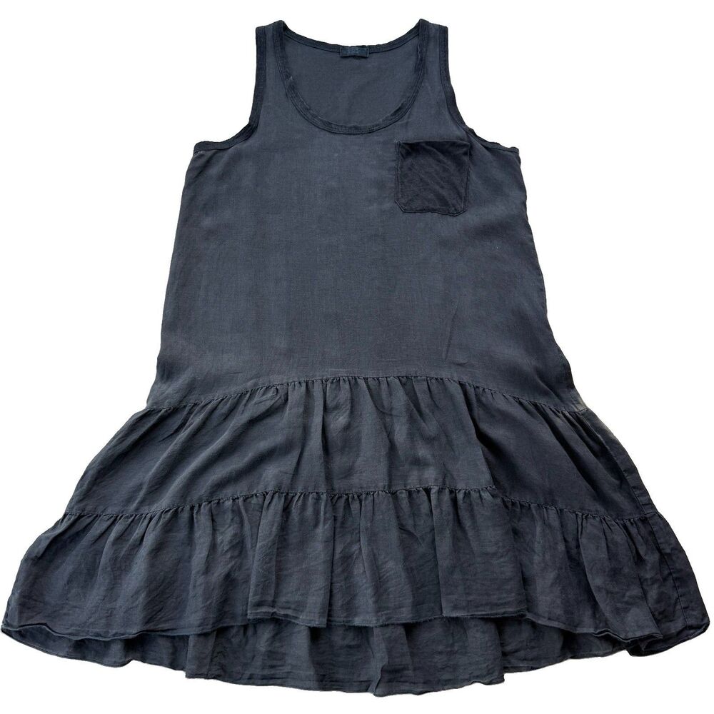 CP Shades Sz Small Dark Blue Tiered 100% Linen Lagenlook Tunic Dress Minimalist - Picture 1 of 8